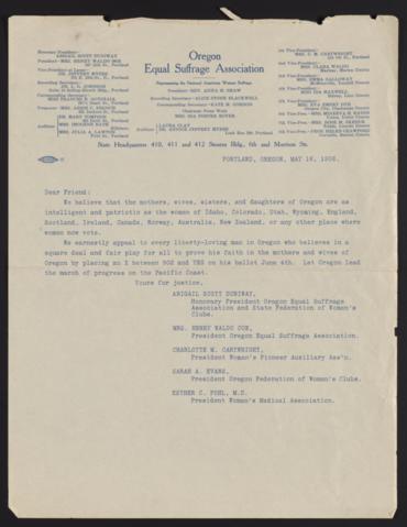 The letter is signed by Abigail Scott Duniway, Mrs. Henry Waldo Coe, Charlotte M. Cartwright, Sarah A. Evans, and Esther C. Pohl.