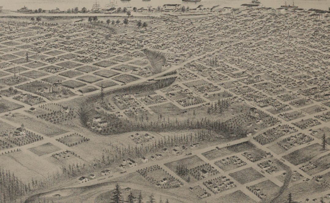 Late 1870s drawing, Goose Hollow in foreground; Tanner Creek Gulch