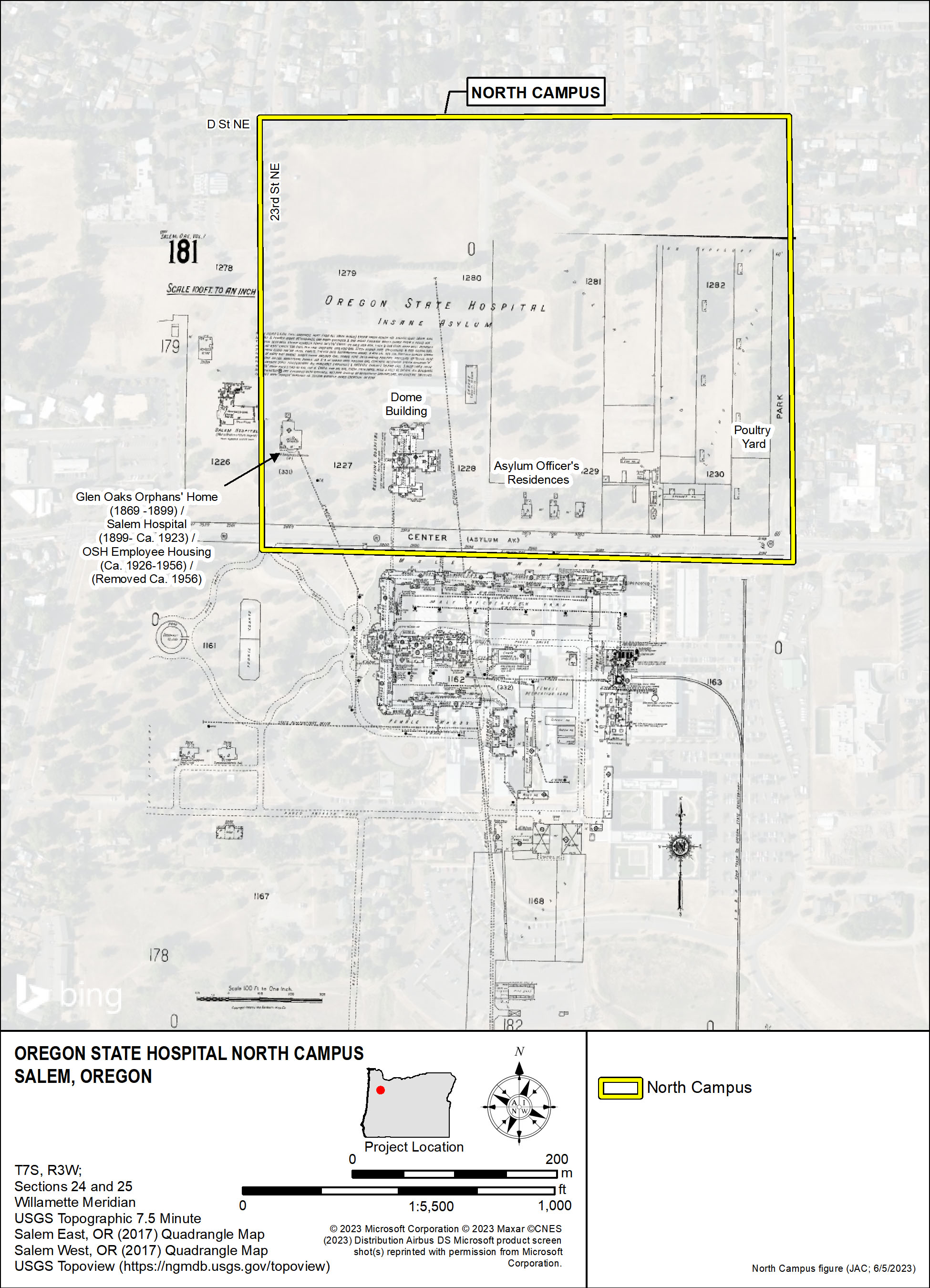A 1926-1927 Sanborn Map of the Oregon State Hospital, showing the North Campus boundary and buildings. The Kirkbride-style J Building is on the South Campus, south Center Steet NE.