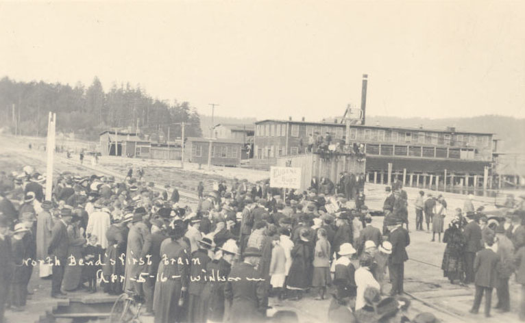 North Bend, first train arrives, 1916