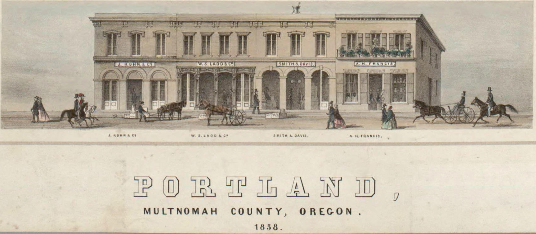 A.H. Francis's store is shown on the right of Portland’s principal commercial block at Front and Stark streets.