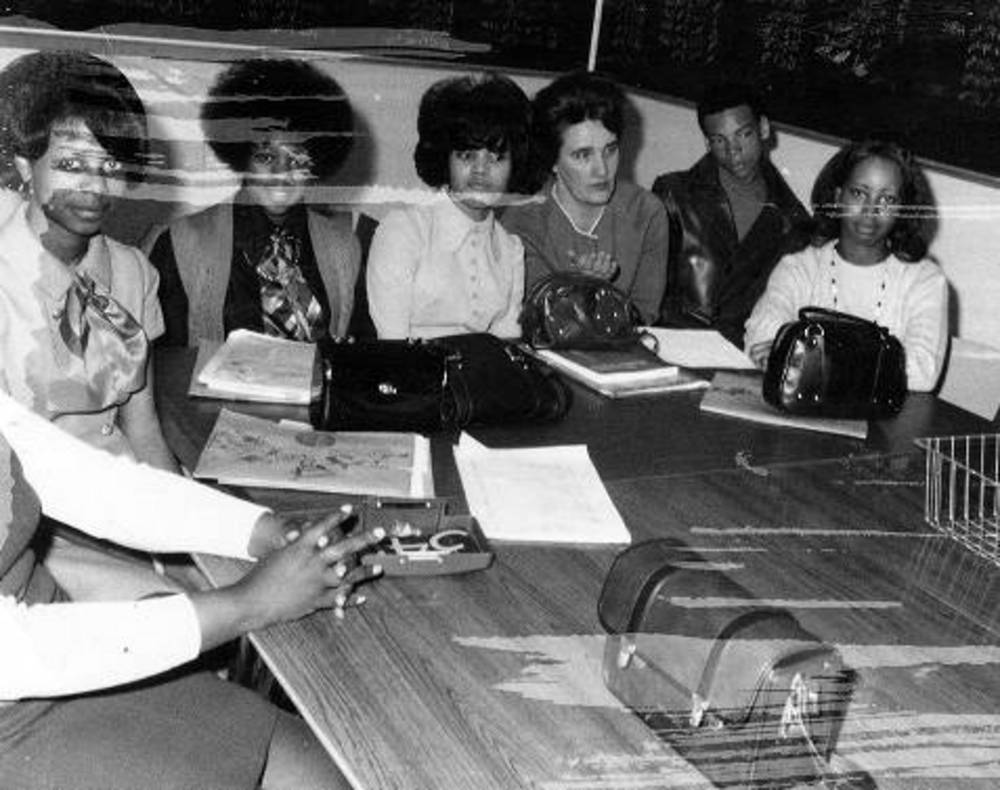 Adams High School students, 1970. From left: Sandra Jackson; Yvonne Wesby; Linda Worthum; Mrs. Lothspeich; Ronnie Anderson; Maria Allen. 