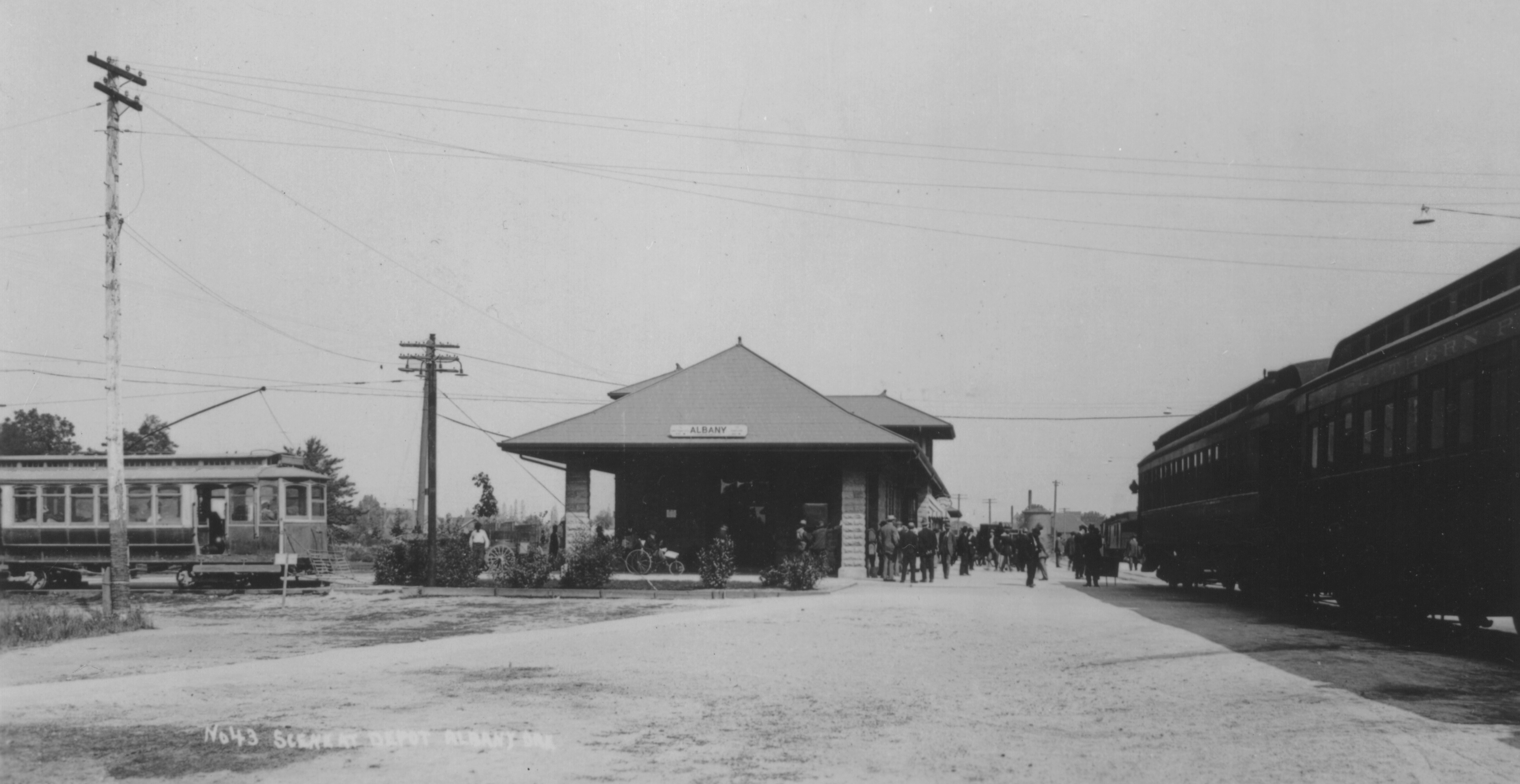 Trolley in 76-78 series at Southern Pacific train depot, arrived from Los Angeles Ry. in 1912.