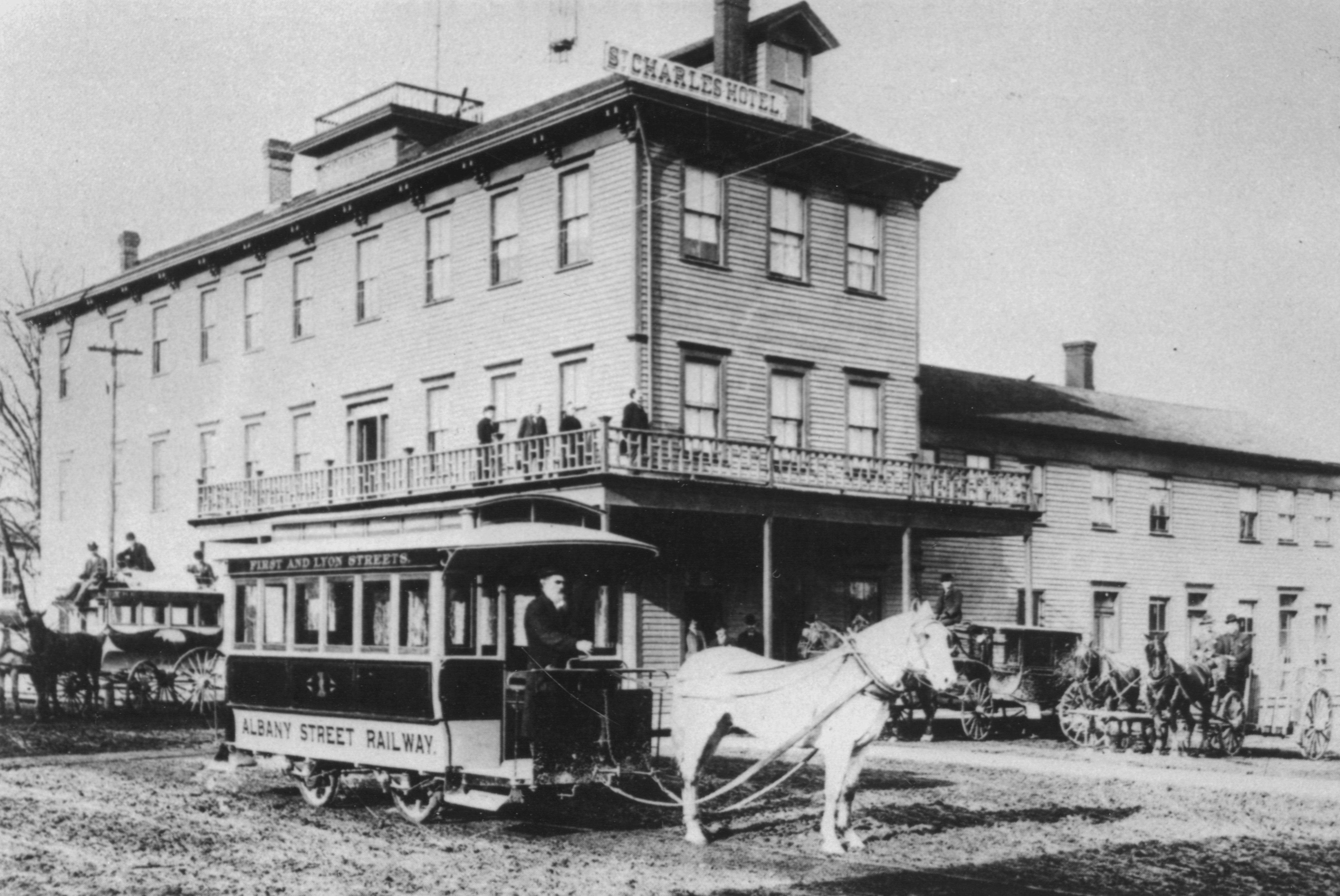 Albanys first streetcar at terminus of 1st and Washington Sts. in front of St. Charles Hotel, about 1890.