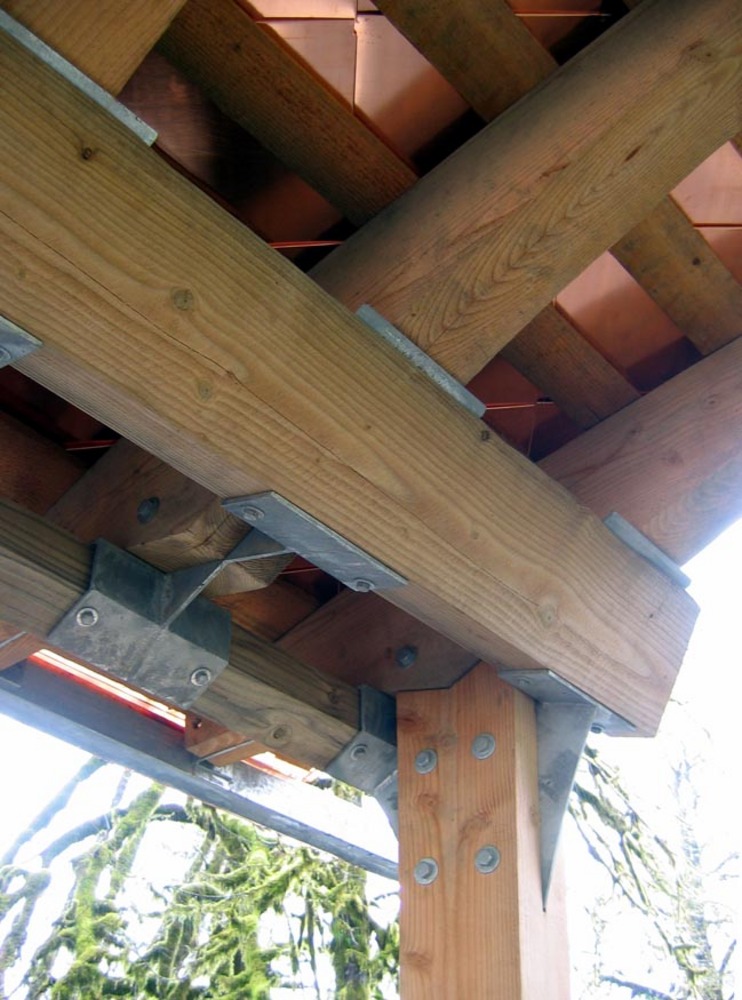 Detail of kiosk at Fall Creek Hatchery in Alsea, made with salvaged Douglas fir logs.