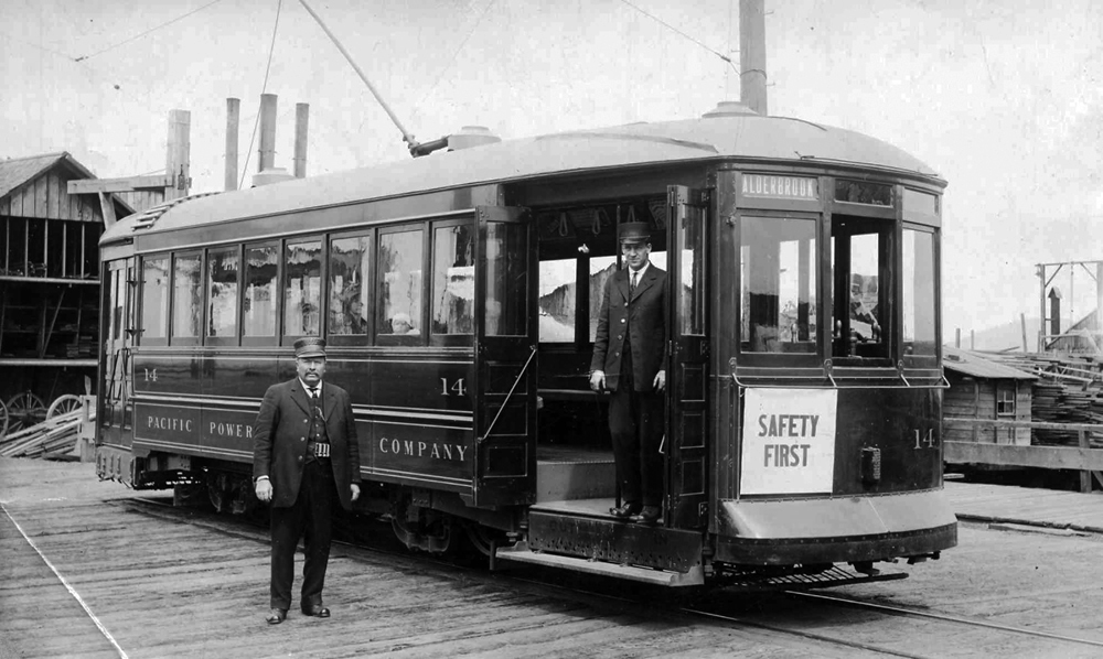 Pacific Power and Light Co. No. 14, with motorman Eli McConkey (r), after 1914.