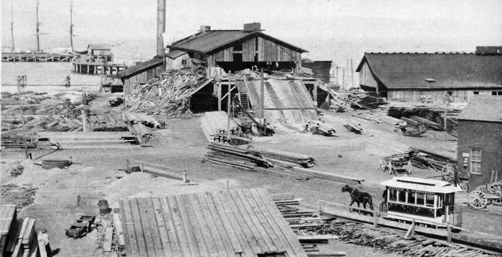 Astoria Street Railway horsecar No. 3 passing Clatsop Mill, at what is now 24th and Exchange Sts.
