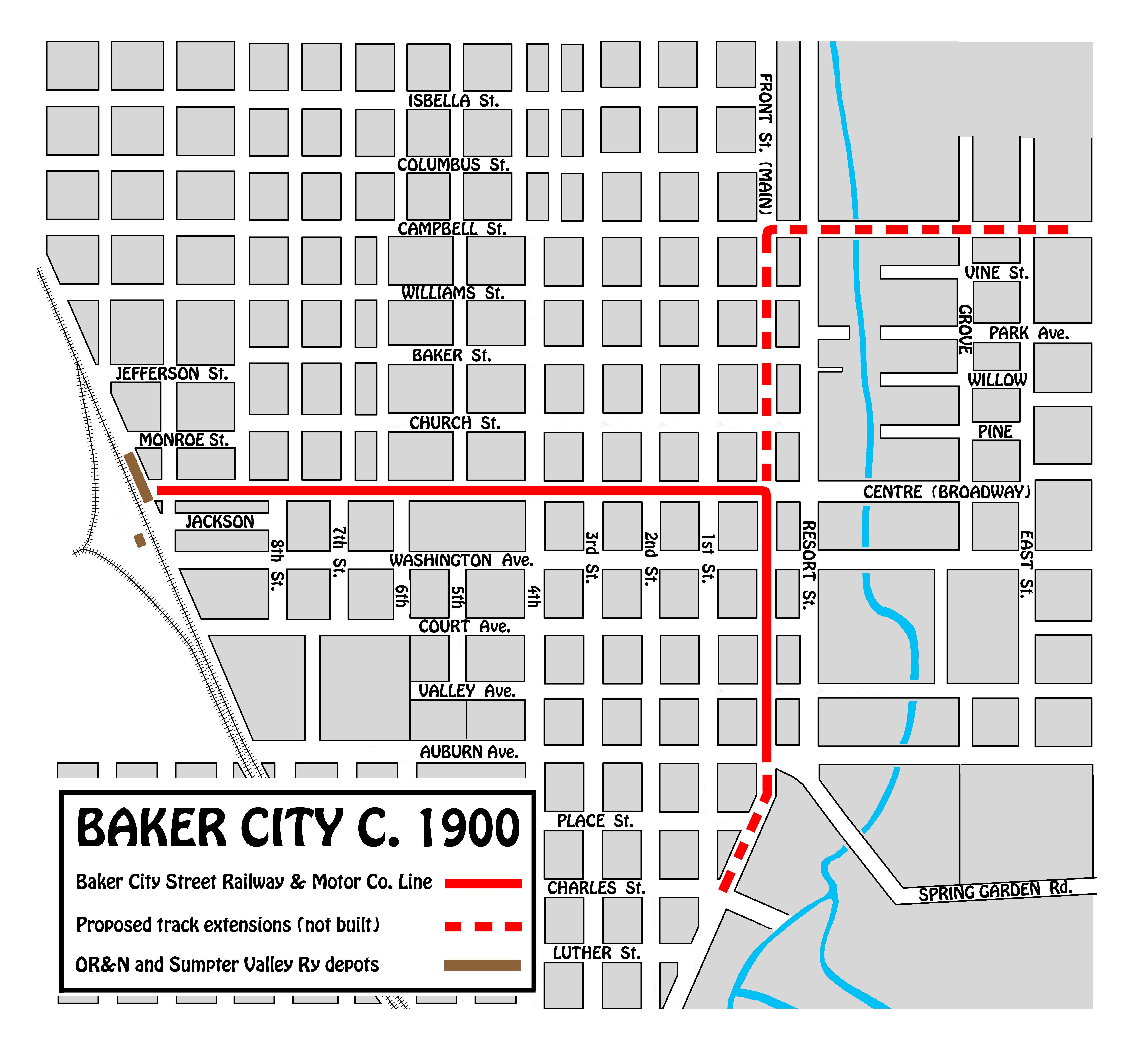 1900 map of Baker City showing horse-car line and proposed additions (drawn by Richard Thompson using Sanborn Insurance maps).