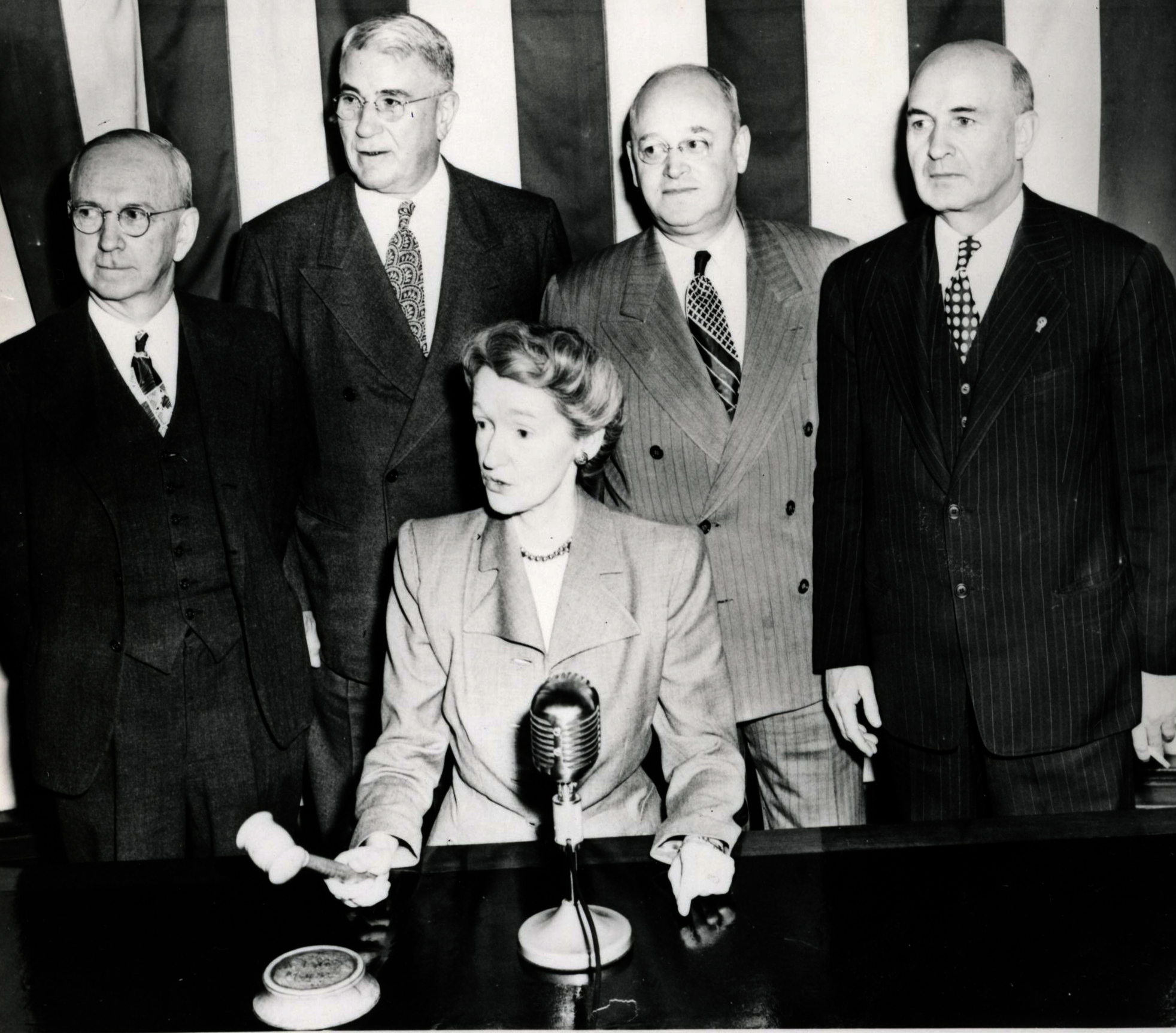 L-R: Ormond Bean, Kenneth Cooper, Fred Peterson, William Bowes, and Mayor Dorothy McCullough Lee