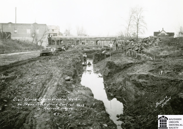 Civil Works Administration flood control along Bear Creek, Medford, about 1933-1934.