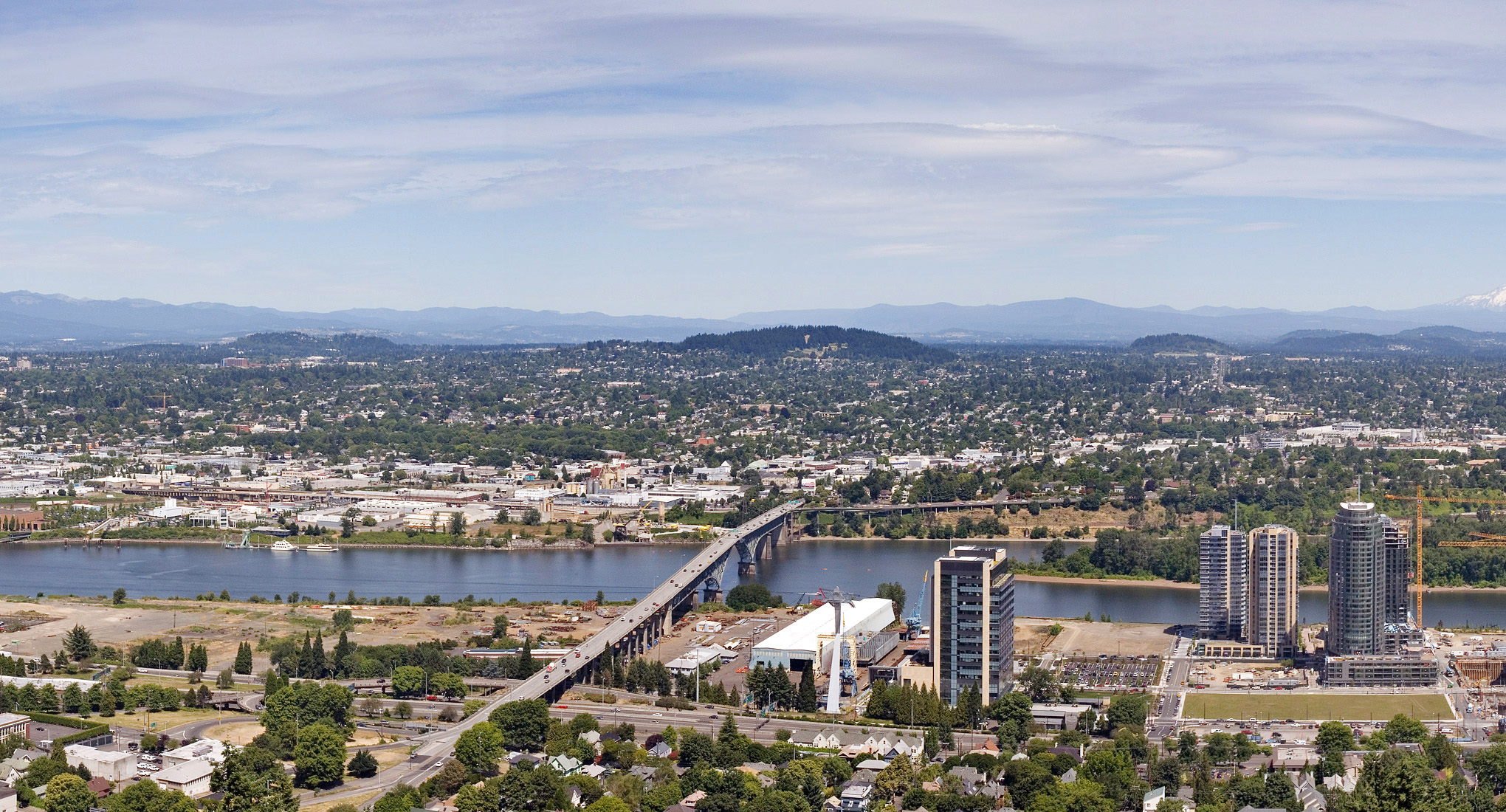 The volcanic cones on the east side of the Willamette River in Portland include (left to right) Rocky Butte, Mt. Tabor (center), Kelly Butte, Powell Butte, and Mt. Scott.