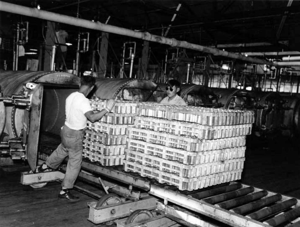 Canning line at CRPA cannery, Naknek, Alaska, 1954