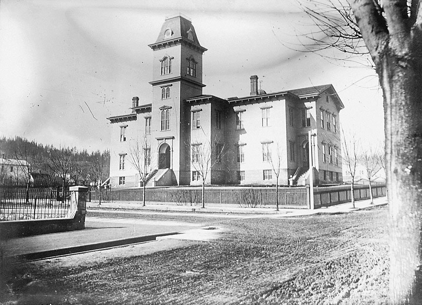 The school once stood where Pioneer Square is now, on SW 6th street between Yamhill and Morrison, across from the Pioneer Courthouse.