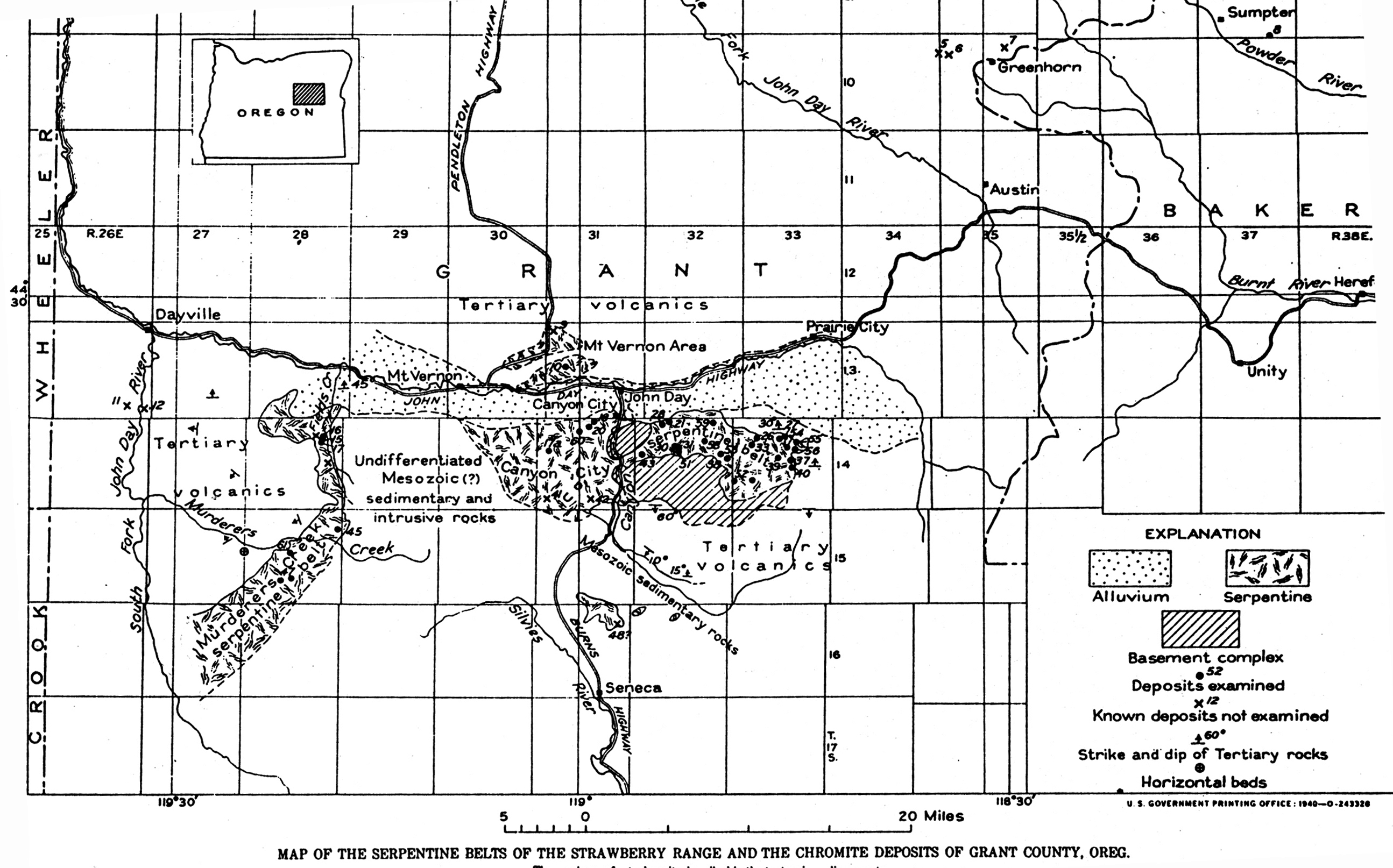 Serpentine belts of Strawberry Range and chromite deposits in Grant County.
