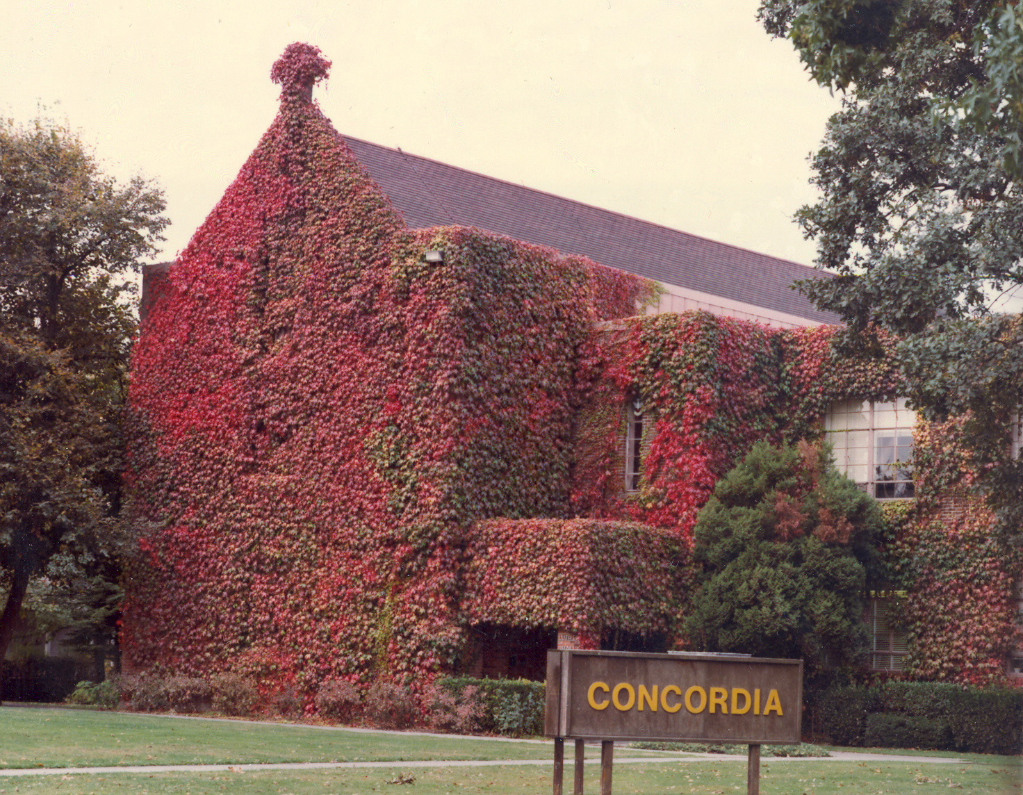 Concordia University's Luther Hall (r) about 1981, with chapel and library (built 1951).