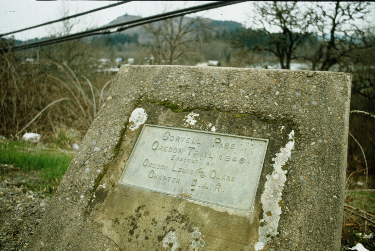 1988 photo of Coryell Pass marker, erected in 1911 by Oregon Lewis and Clark Chapter, D.A.R.
