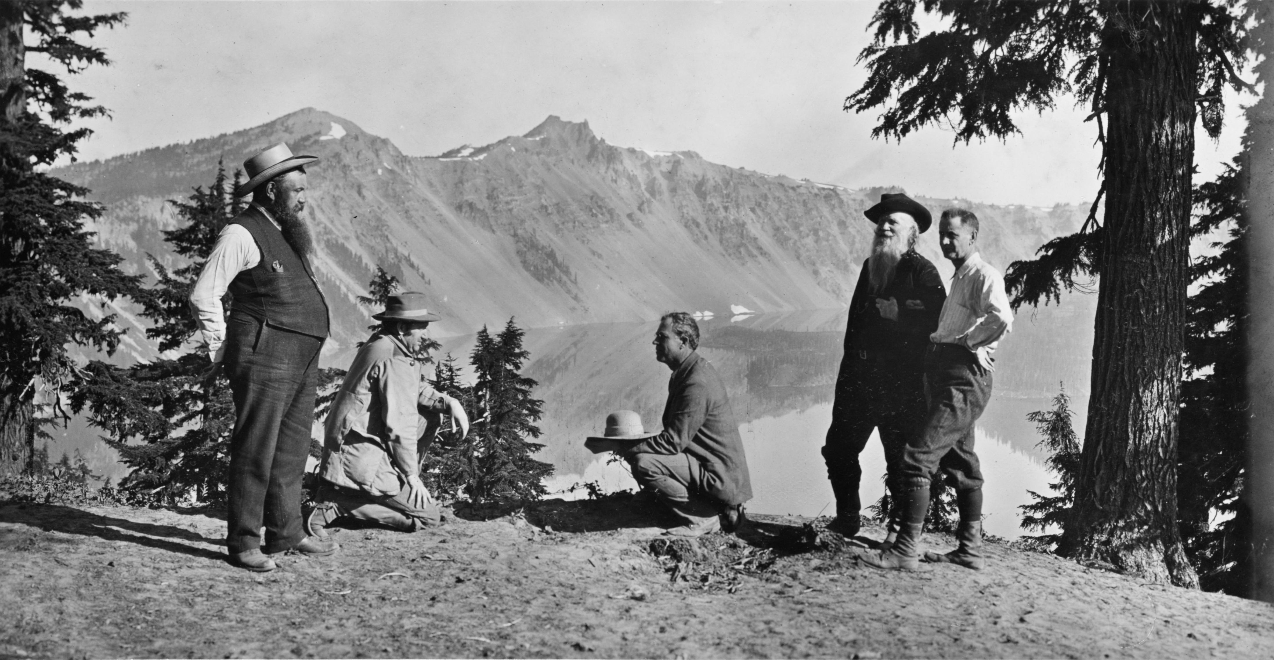 At Crater Lake: Phil Metscham, Dr. Hill, Senator Fulton, Joaquin Miller, and William Steel, 1903.