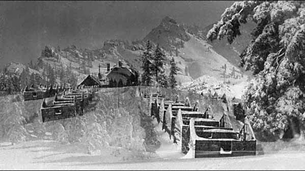 Frame tent foundations at Crater Lake in the winter.