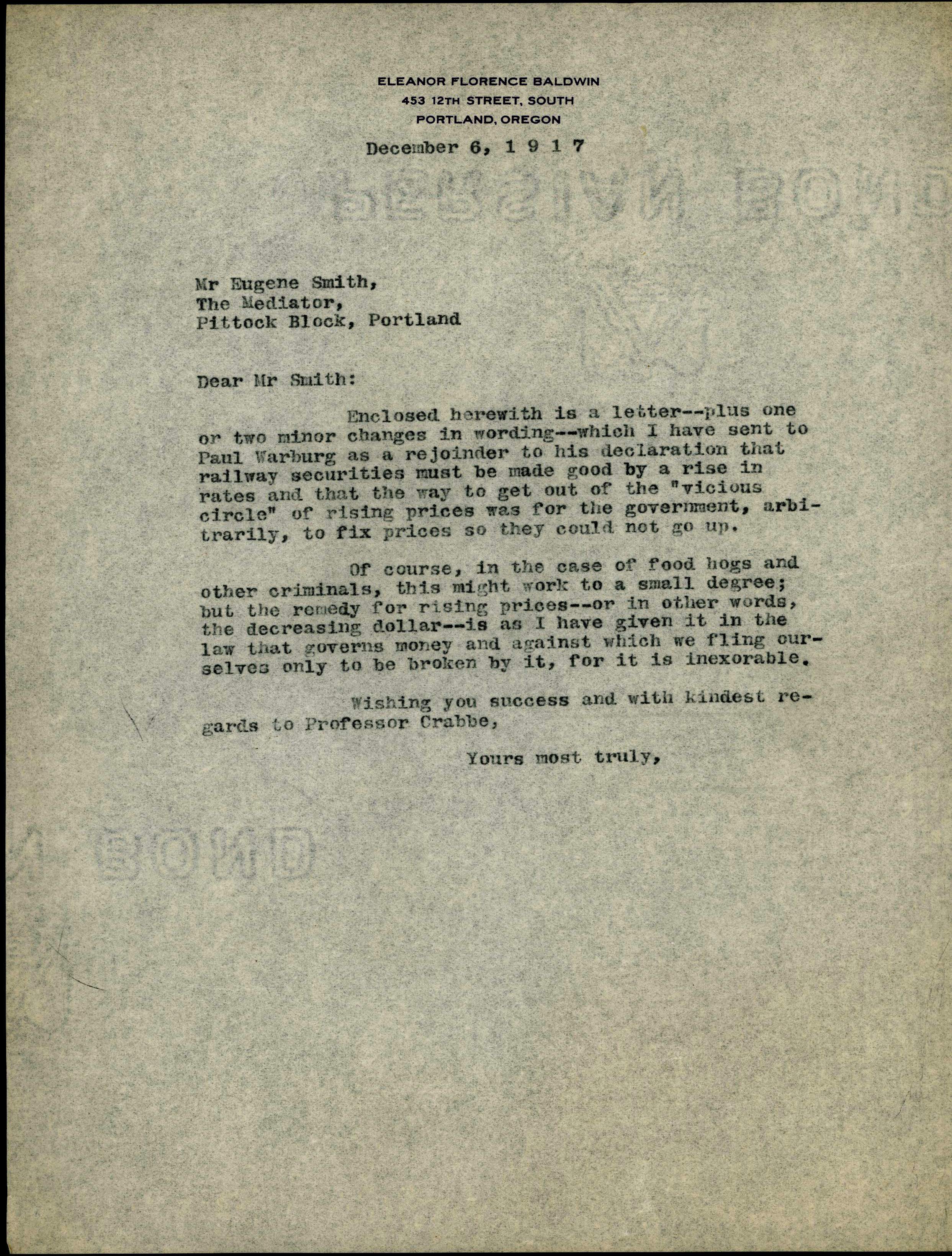 Baldwin makes reference to her ideas about "money power" in  this letter to Smith.