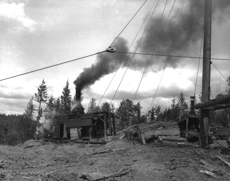 Last working pair of steam donkeys on the West Coast at Oregon-American's Ginger Creek operation near Keasey, June 1957.