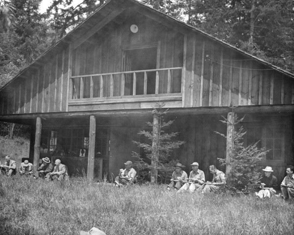 Picnic, Forestry Club Cabin, A.L. Strand sitting on left