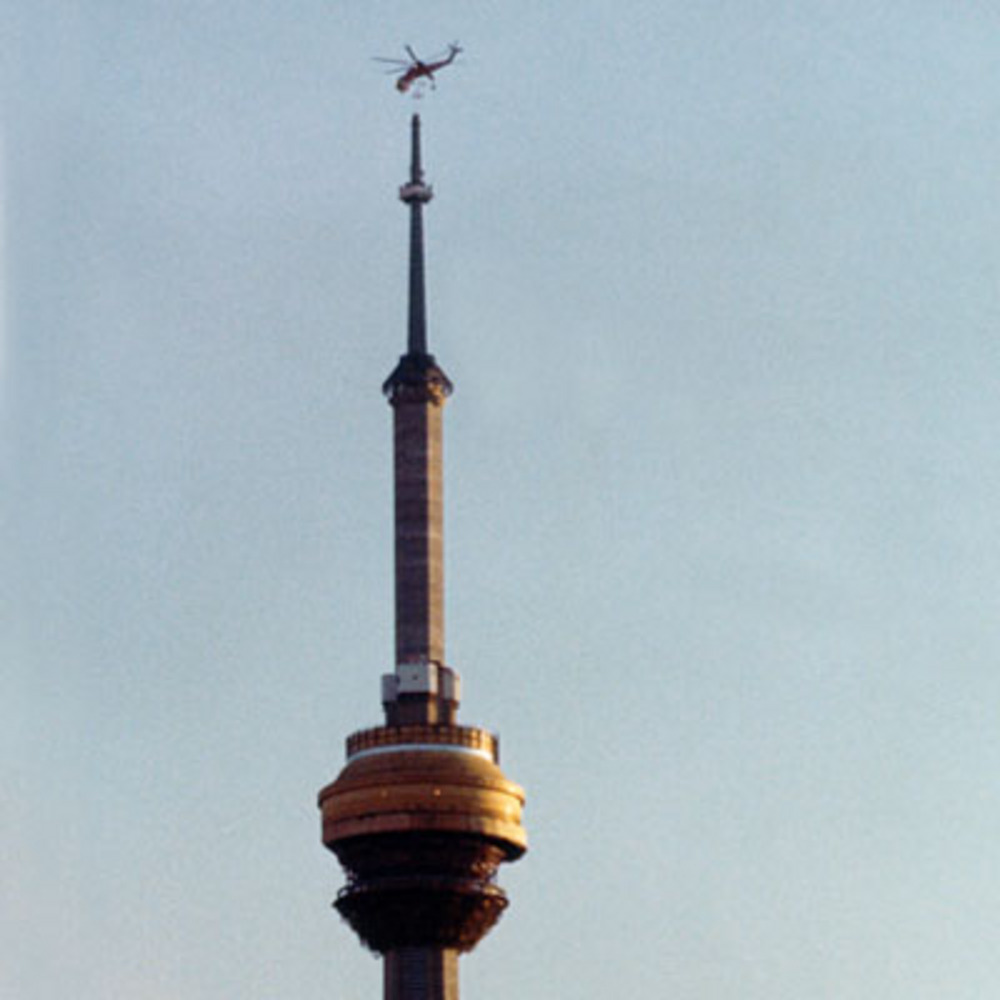 Completing construction on the CN Tower in Toronto, Canada, 1975.