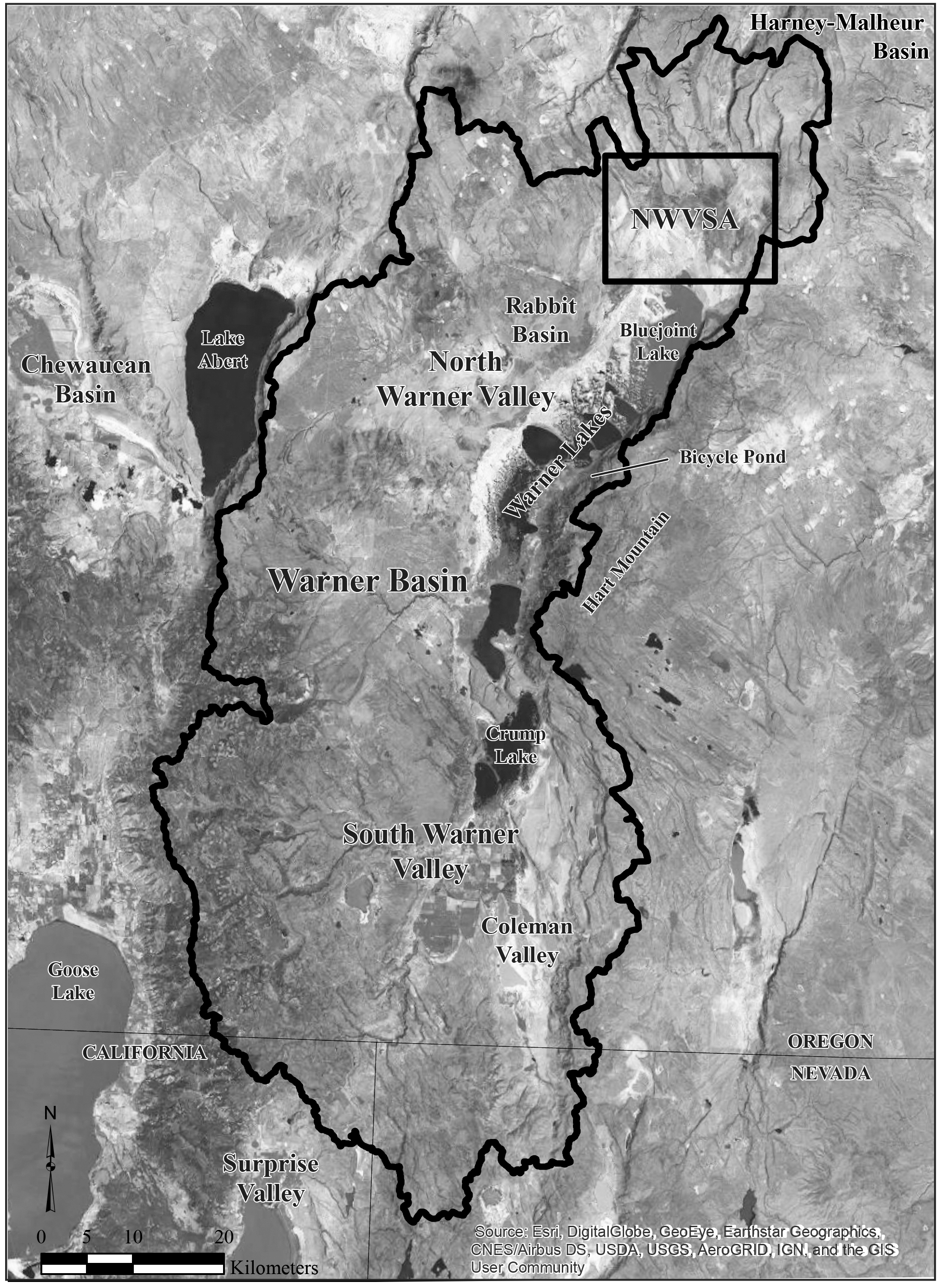 Image shows Warner lakes, sub-basins, and the North Warner Valley Study Area (NWVSA) where the University of Nevada, Reno conducted five years of archaeological fieldwork.