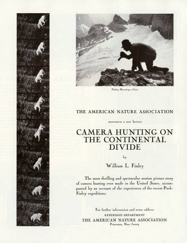 Cover brochure announcing William L. Finley's talk, "Camera Hunting on the Continental Divide," 1930s.