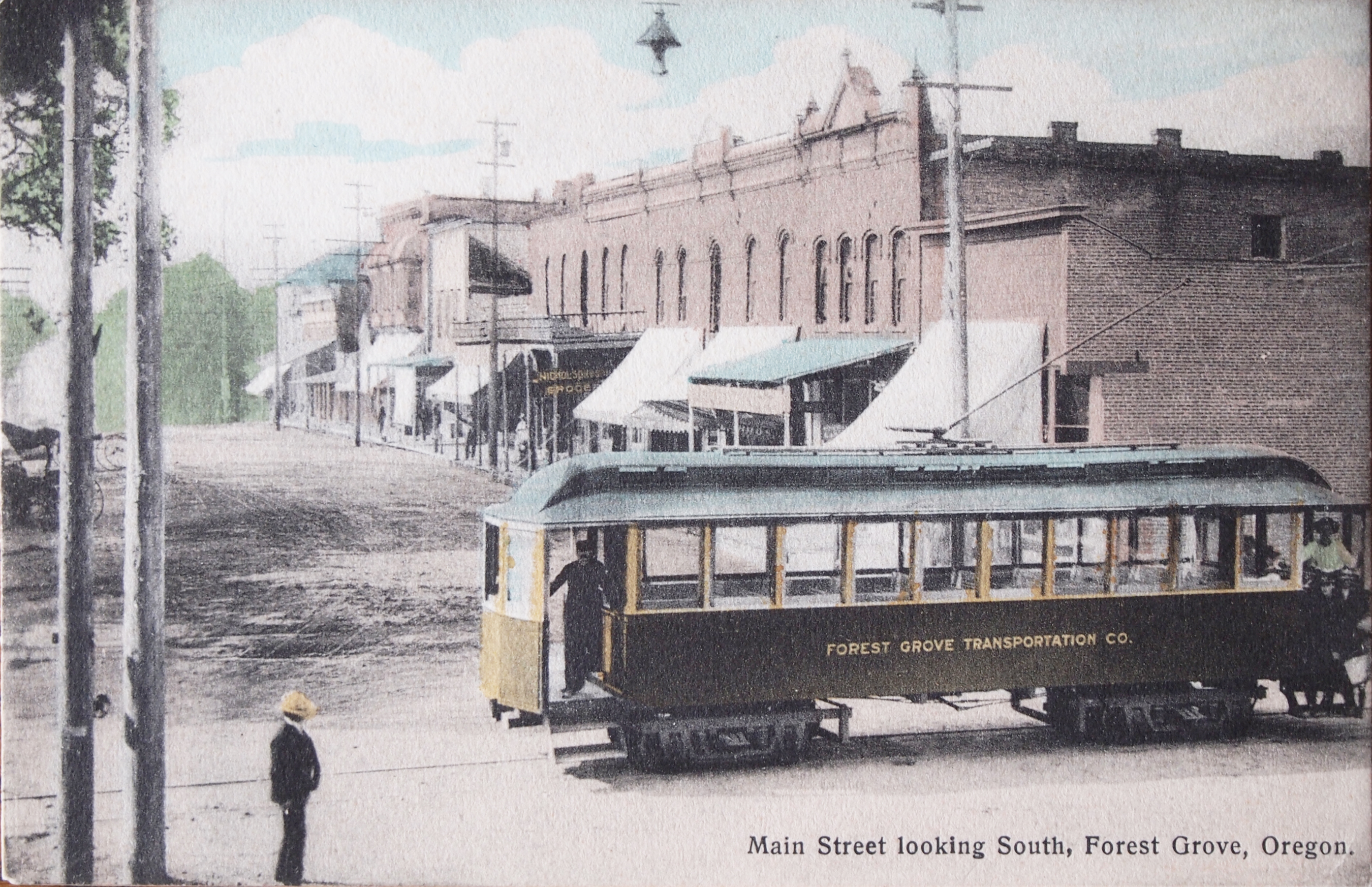Forest Grove Transportation Company streetcar crossing Main St. on 21st Ave., Forest Grove, about 1907.