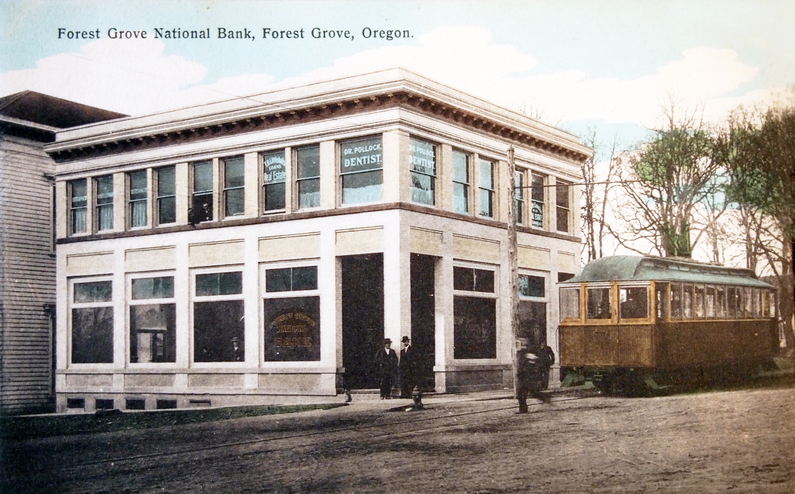 Forest Grove Transportation Company streetcar eastbound on Pacific Ave. crossing Main St., Forest Grove, 1908.