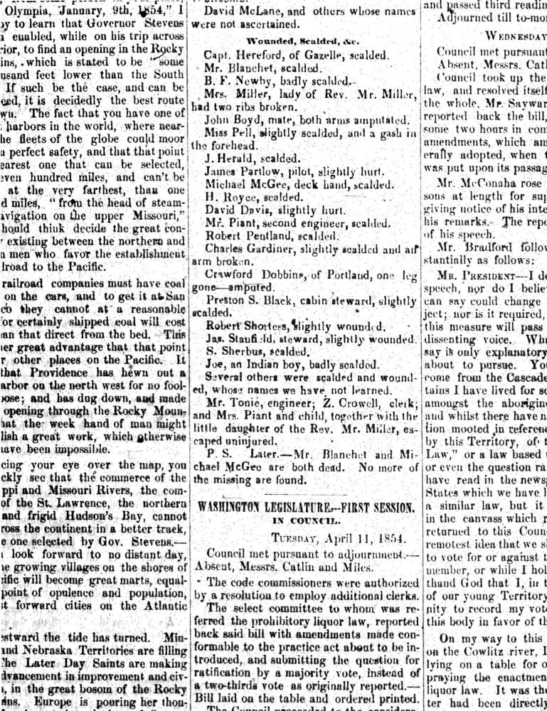 Oregonian news article announcing the Gazelle Disaster, published April 15, 1854