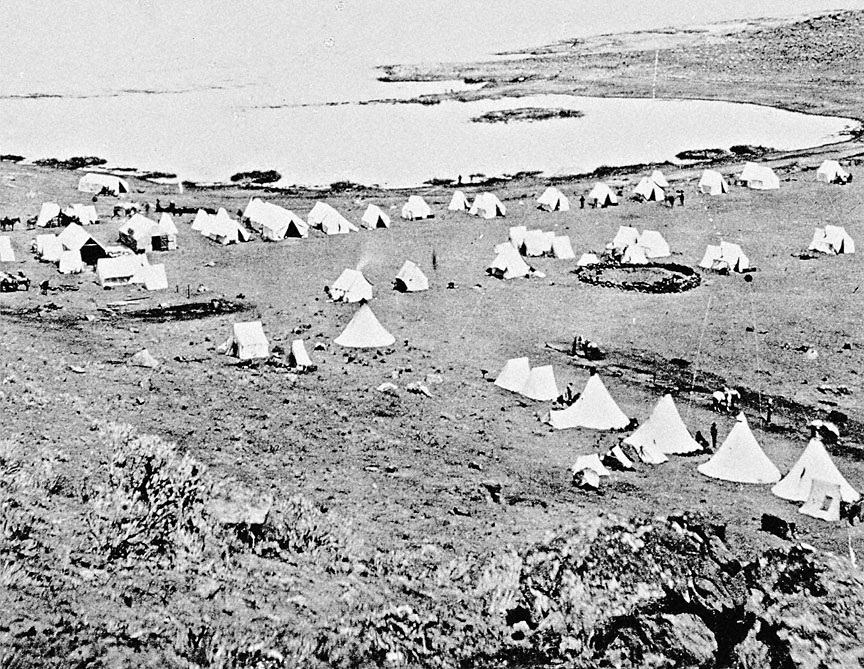 Eadweard Muybridge recorded the final stages of the Modoc War in 1873 with this photograph of Gillem’s Army Camp at Tule Lake, California.