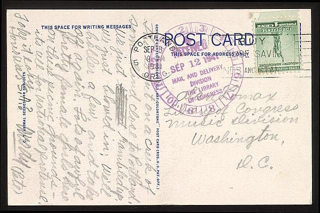 Postcard to Allen Lomax from Guthrie while Guthrie was in Oregon on tour with the Almanac Singers, Sep. 12, 1941.