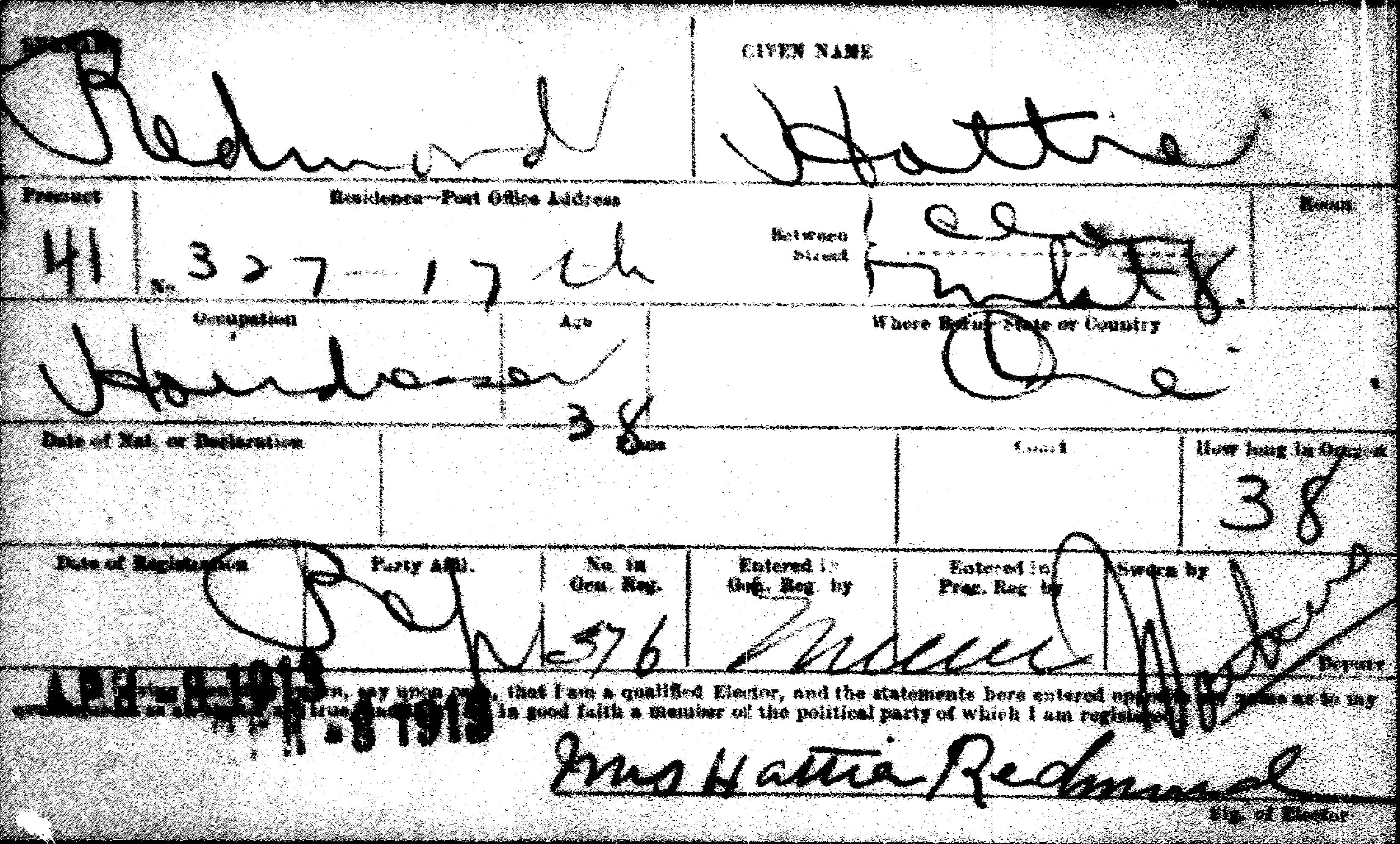 Hattie Redmond's voter registration card, 1913