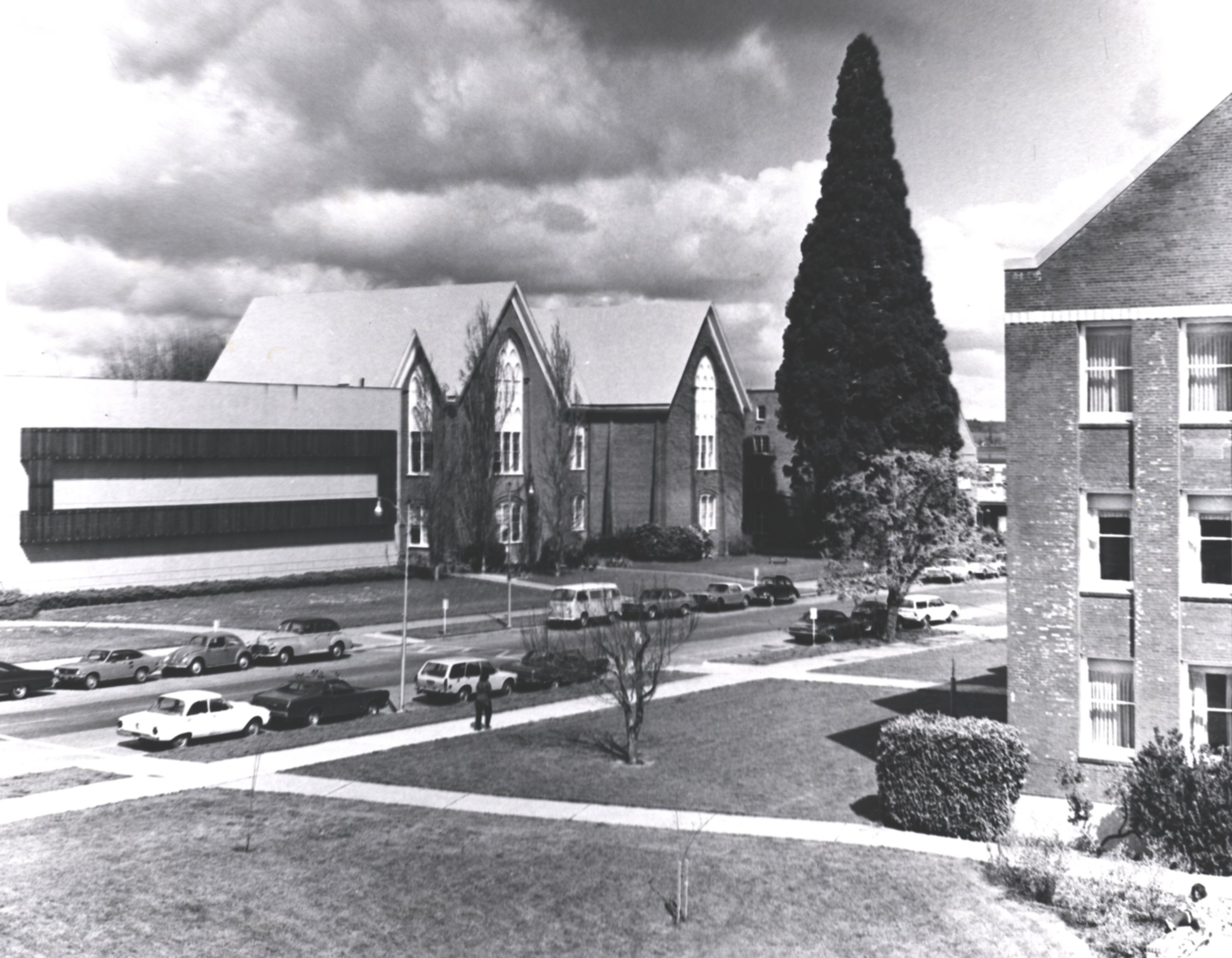 The Humanities and Social Science building replaced the fallen tower of Campbell Hall. Note the sequioa at full height.