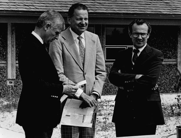 Mark Hatfield (left), Robert W. MacVicar, and John Byrne at Hatfield Marine Science Center name change ceremony, 1983.