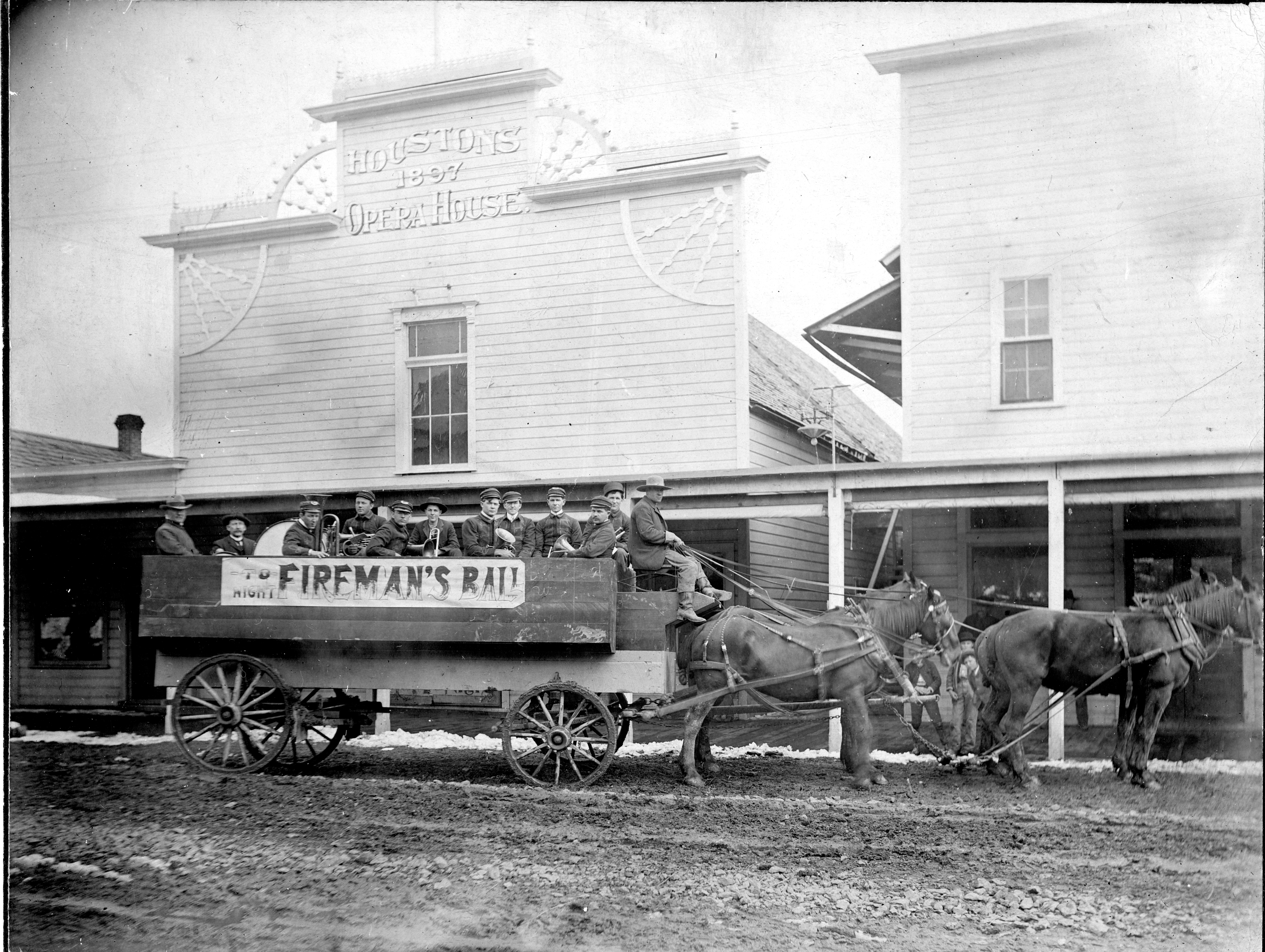 Bally Ho Band during annual Firemen's Ball at the Houston Opera House, about 1900.