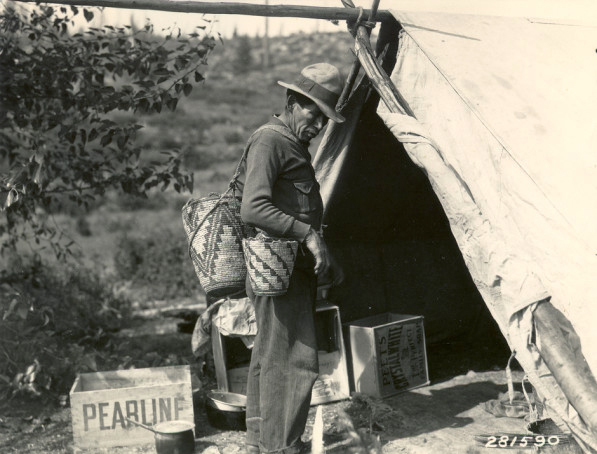 Indian man picking huckleberries, Gifford Pinchot National Forest, WA, Aug. 1933.