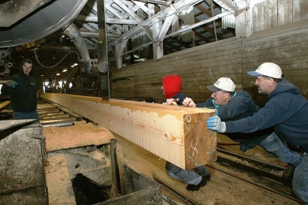 Cutting timbers, Hull-Oakes Lumber Mill, Feb. 2011.