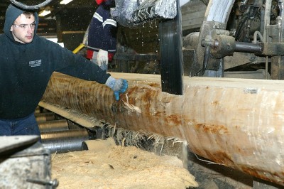 Squaring-up the timber, Hull-Oakes Lumber Mill, Feb. 2011.