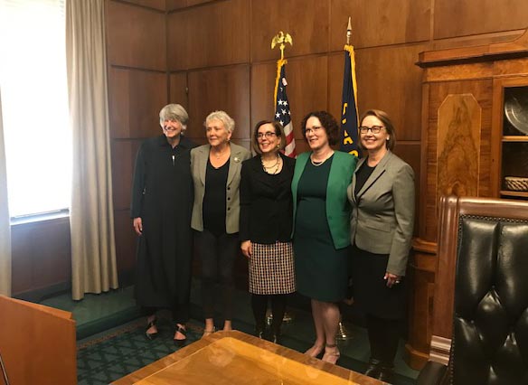 From left to right: Martha L. Walters, Chief Justice of Oregon Supreme Court; Bev Clarno; Kate Brown, Oregon Governor; Val Hoyle, Commissioner of Oregon Bureau of Labor and Industries; Ellen Rosenblum, Oregon Attorney General.