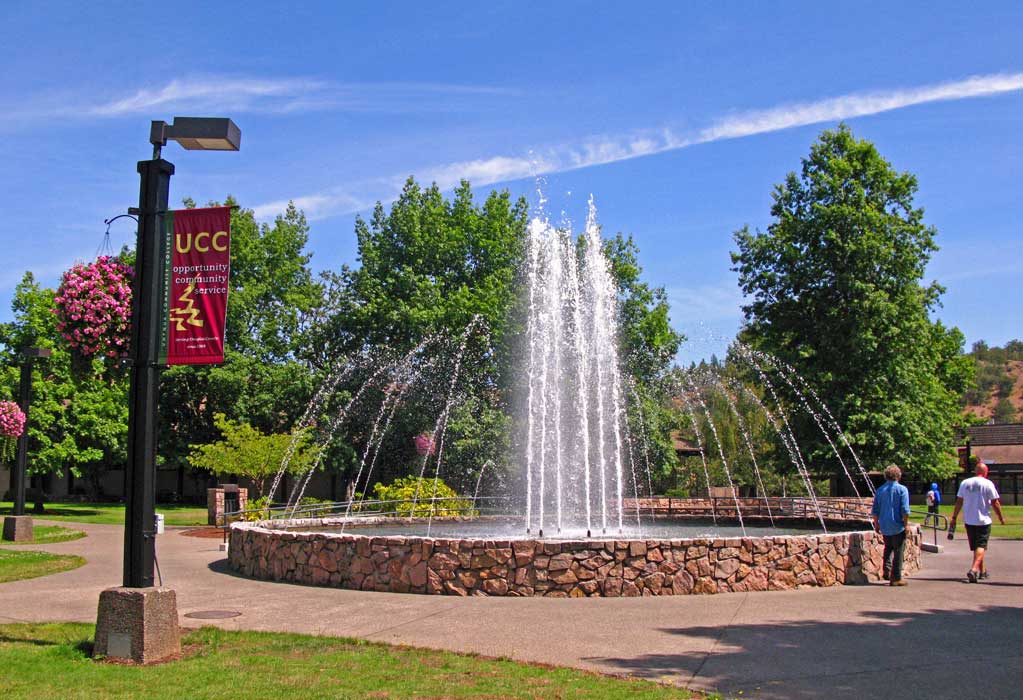 Fountain at the south end of UCC, Wayne Crooch Hall in background