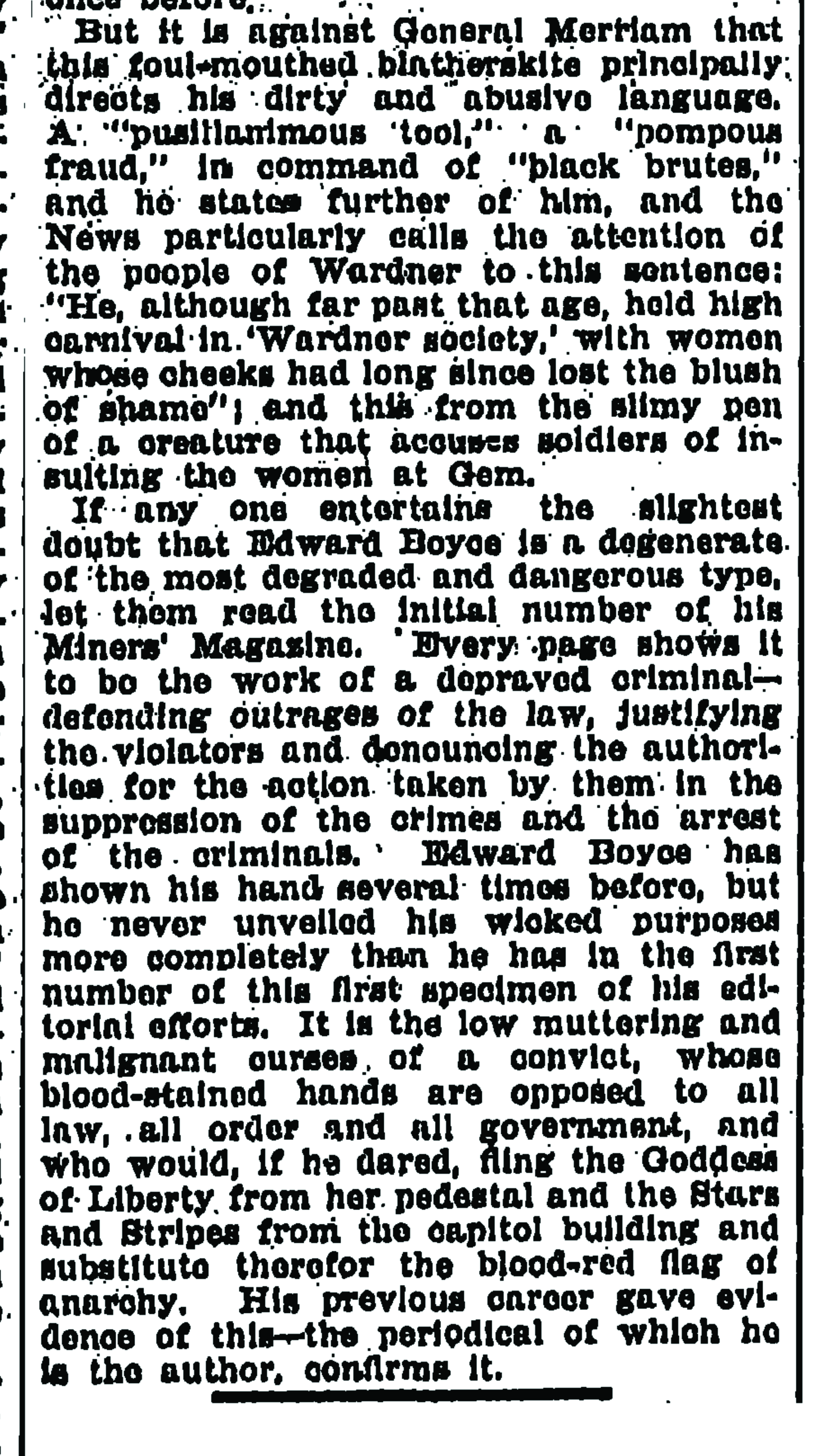 A section of the longer column on Boyce identifying him as a "foul-mouthed blatherskite."