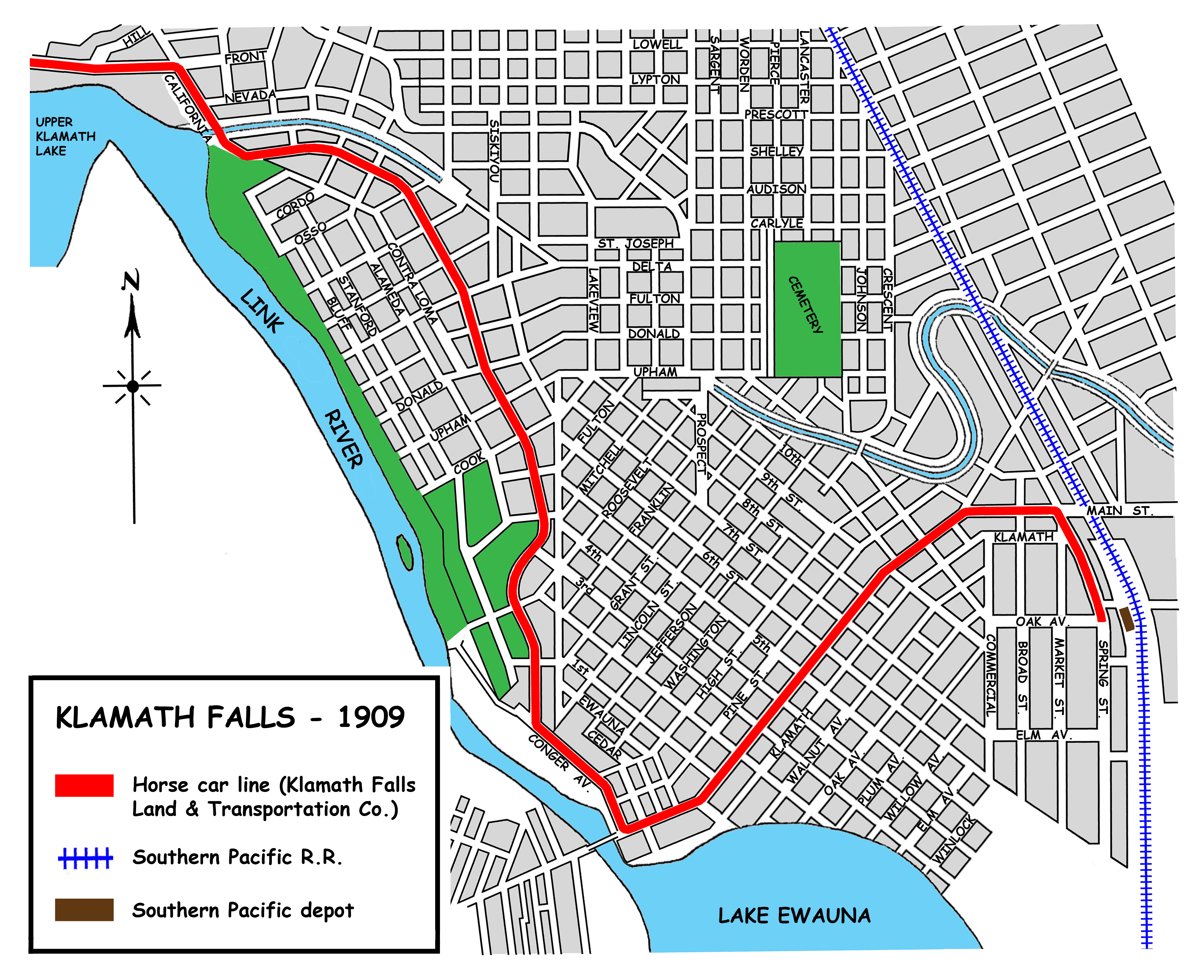 Map of Klamath Falls streetcar system as it existed in 1909.