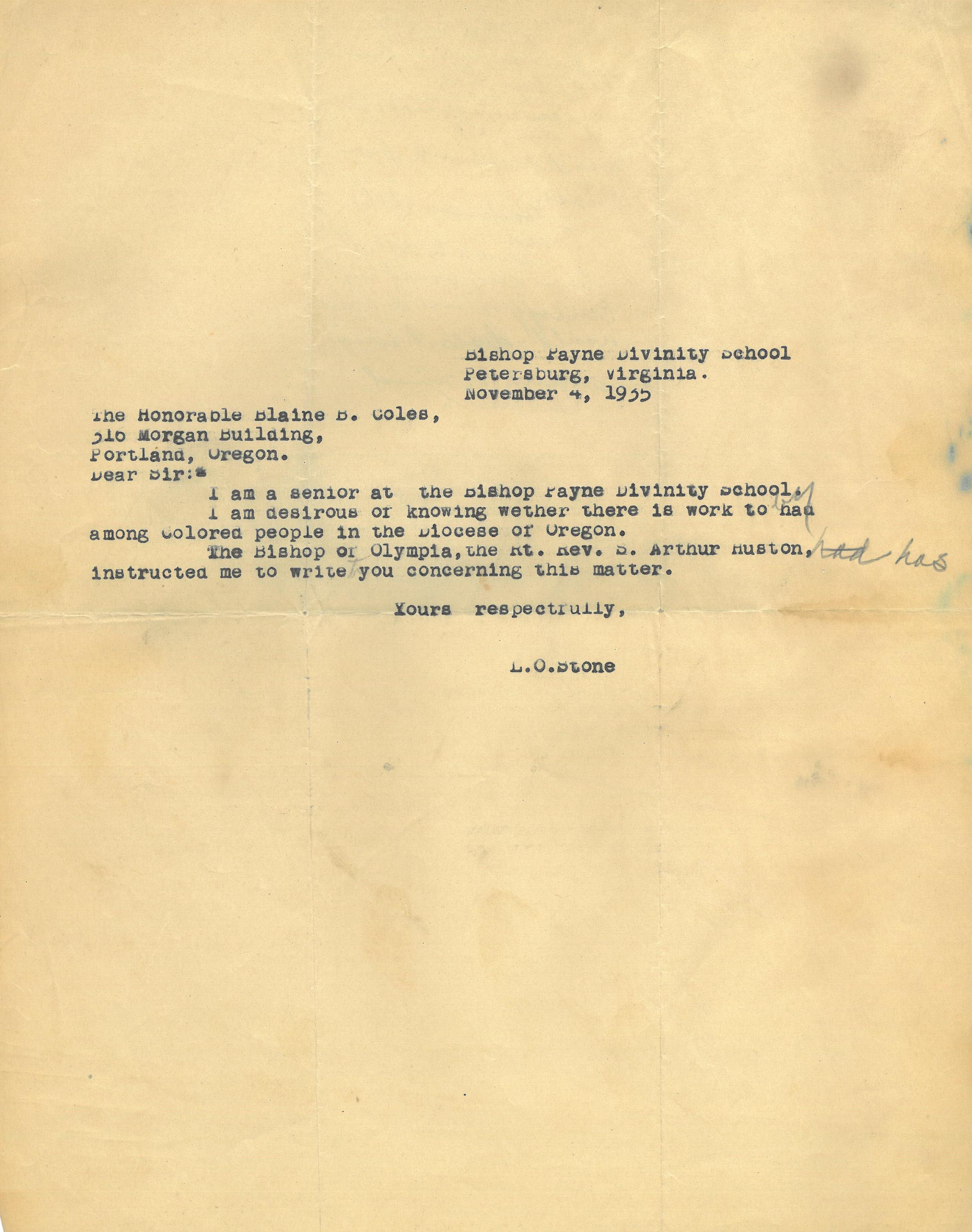 In this letter Stone inquires if there is work for "colored people in the Diocese of Oregon."