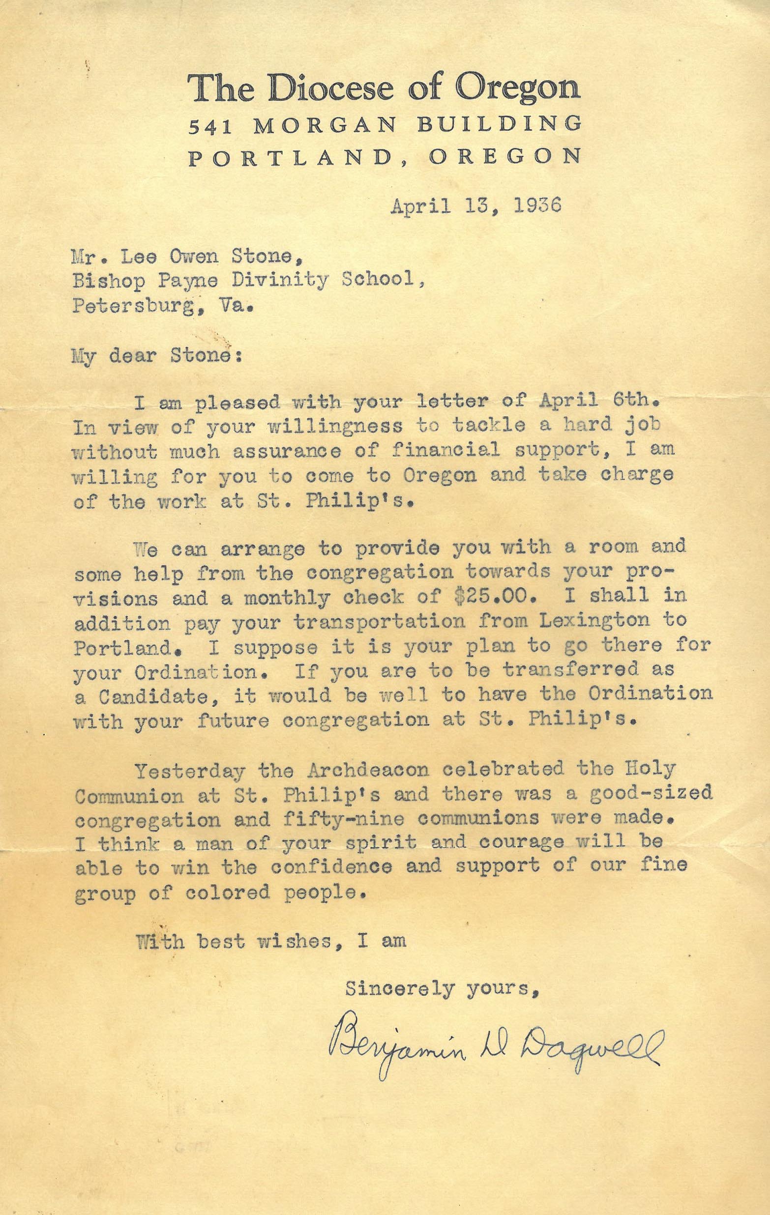 Stone's acceptance letter to work at St. Philip.