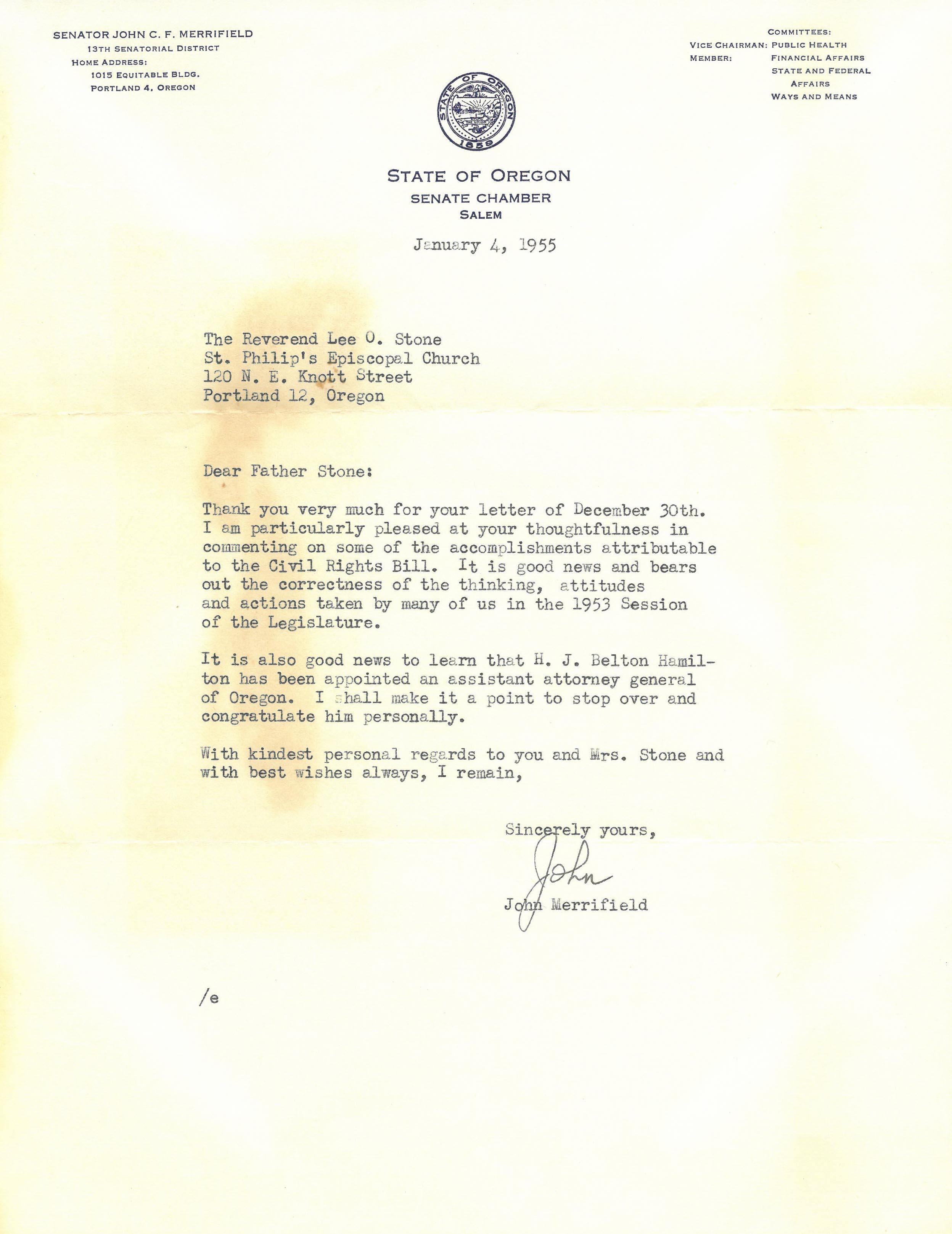 The letter talks about accomplishments of Oregon's Civil Rights Bill.