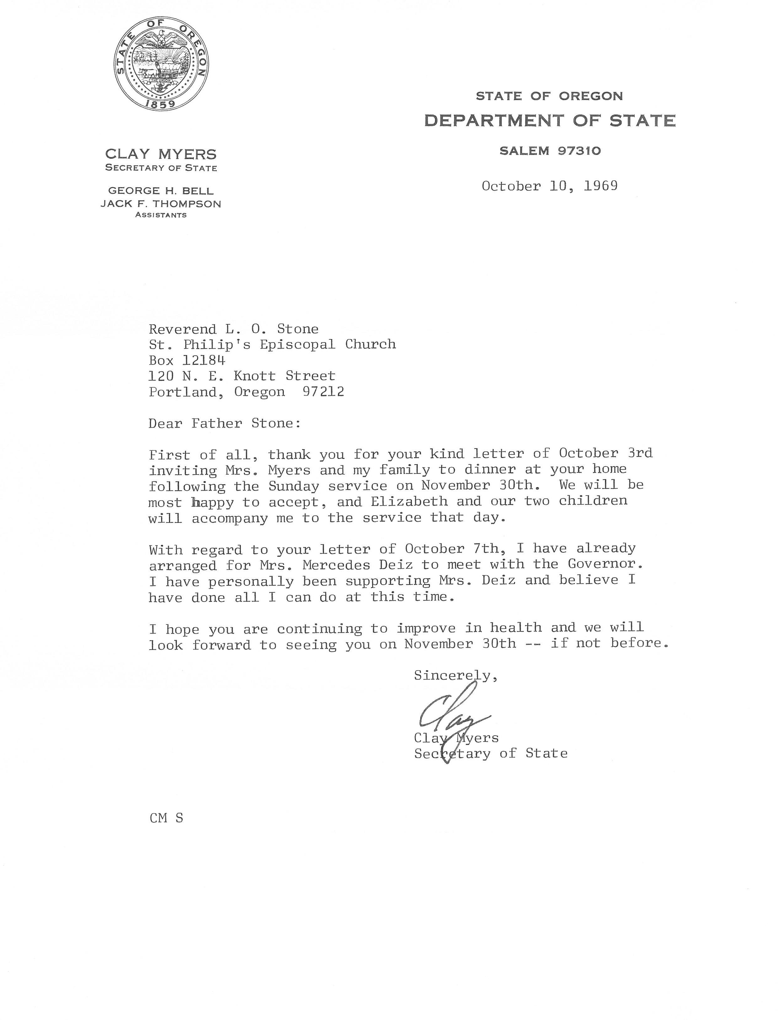 Letter discusses nomination of Mercedes Deiz as Multnomah County District Court judge.