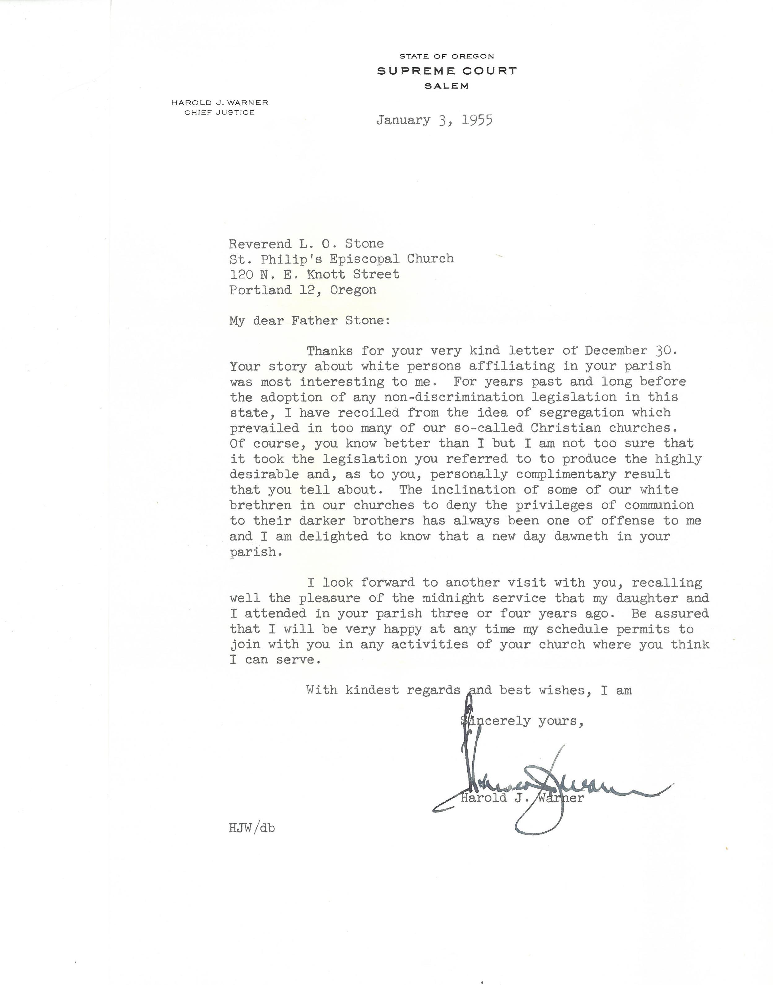 Letter discusses desegregation of St. Philip under the leadership of Rev. Stone.