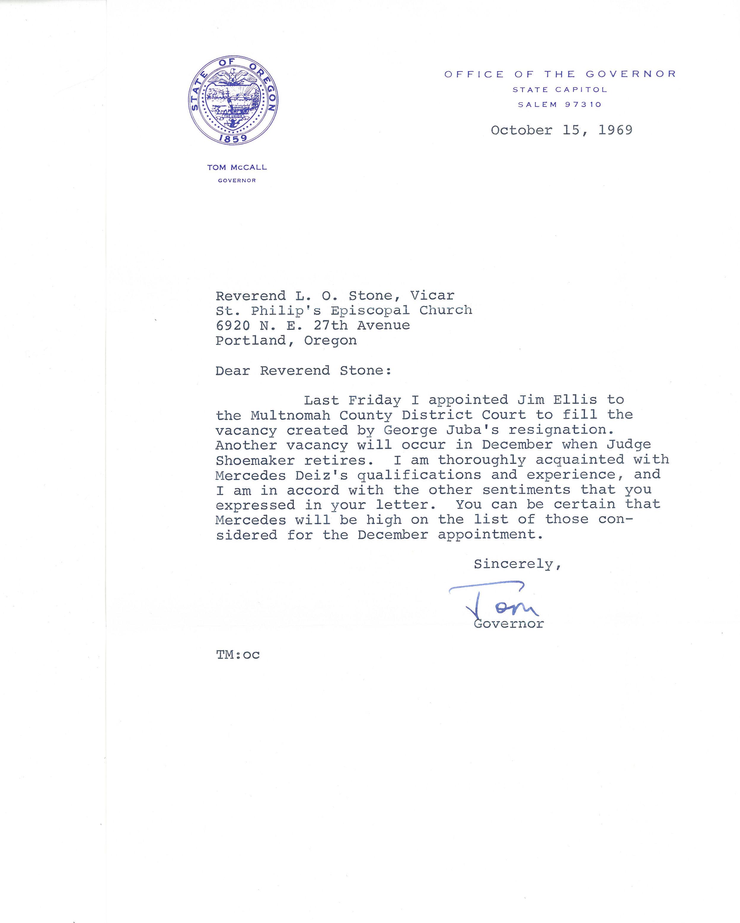 Letter discusses nomination of Mercedes Deiz as Multnomah County District Court judge.